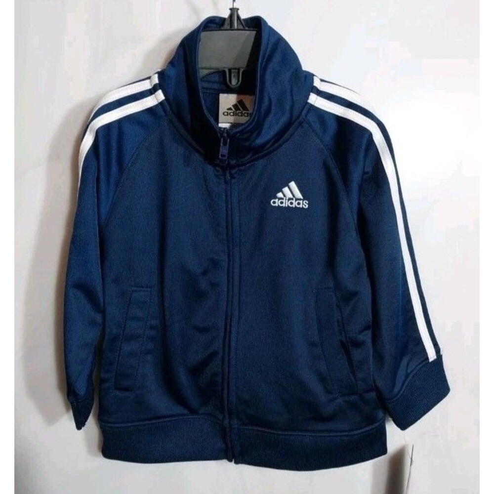 Adidas Toddler Boys Track Jacket 18M Blue Tricot Full Zip 3 Stripe Pockets NWT